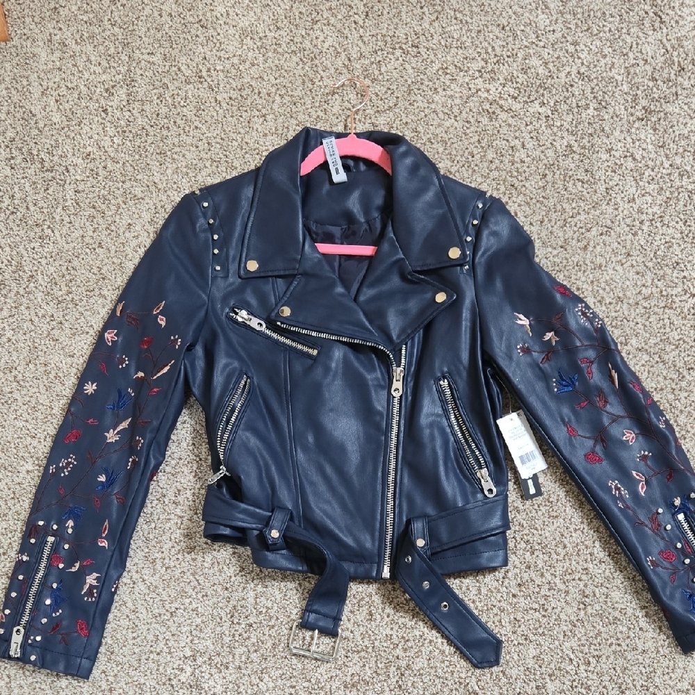 Embellished Navy Blue Faux Leather Jacket Lord & Taylor Sz M New NWT